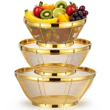 Imagem de Baderke 3 peças de coador de metal dourado de aço inoxidável com alça de macarrão escorredor dourado para cozinha, drenagem, macarrão, enxágue, legumes, arroz, alimentos, 3 tamanhos (1,5-3-5 litros