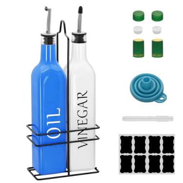 Imagem de Conjunto de dispensador de óleo e vinagre Farmhouse, 500 ml, lindo dispensador de azeite, inclui uma prateleira de aço preto e um funil, galheteiros vintage para vinagre e óleo (óleo azul e vinagre