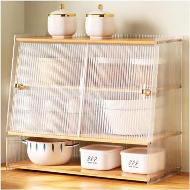Imagem de Armário De Armazenamento De Despensa De Cozinha Para Bancada, Armário Organizador Multiuso Com 2 Portas De Acrílico Listradas Deslizantes, Despensa De Alimentos De Balcão De Mesa, Yellow, B