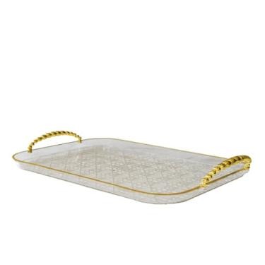 Imagem de Bandeja Decorativa Marmorizada Organizadora Multiuso Quadrada e Redonda Luxo Casa Cozinha(LINES PÉROLA DOURADA M 32x21cm)