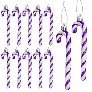 Imagem de DAHI 12 peças de enfeites de bengala de doces de Natal com glitter para decoração de árvore de Natal, enfeite de pendurar para artesanato de Natal, decoração interna e externa (Roxo)