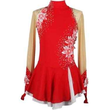 Imagem de Meninas Patinação Artística Vestido Terno De Competição Mulheres Mangas Compridas Strass Ginástica Collant Ballet Dança Outfit, Red, S