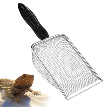 Imagem de Qulkws Pá de areia de malha de aço inoxidável, colher de limpeza de areia de réptil de metal de malha fina, peneira preta antiderrapante para substrato de lagarto, réptil, terrário, areia