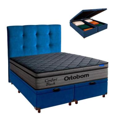 Imagem de Cama Box Bau Azul + Cabeceira + Colchão Queen Confort Black Ortobom