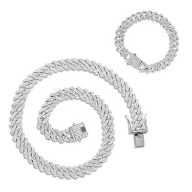 Imagem de GAFATORY Corrente de elos cubanos para homens, colar e pulseira cubana de prata com gelo Miami, corrente de diamante, joia masculina hip hop para mulheres