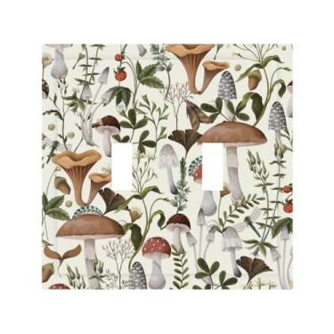 Imagem de Placa de parede vintage retrô branca creme/bege boho, cogumelos, dupla alternância, gótica, sálvia, floresta, hippie, fungo, botânica, decorativa, 2 faixas, tampa para interruptor de luz, receptáculo