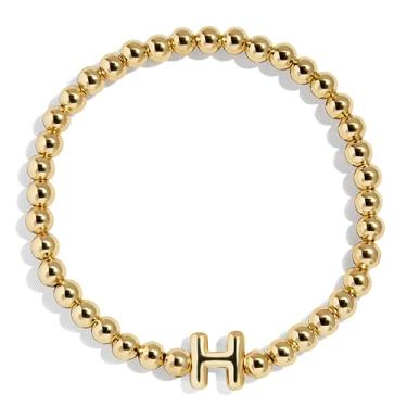 Imagem de BaubleBar Pulseira personalizada inicial Pisa, contas modernas banhadas a ouro, joias modernas, pulseira popular com letras iniciais, ajuste elástico para crianças e adultos, One Size, Latão, Sem