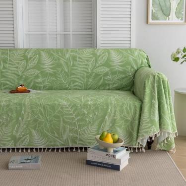 Imagem de Erbnaryx Capas de sofá planta flor borlas verdes design lavável para sofá seccional 3 almofadas sala de estar (180.3 cm x 299.7 cm)