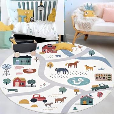 Imagem de Lacomfy Tapete infantil 1,2 m redondo de animais de fazenda - Tapete de brinquedo para meninos e meninas, círculo vida na fazenda, para quarto de bebê, sala de jogos, macio lavável, antiderrapante