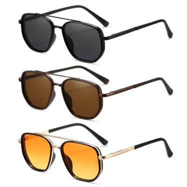 Imagem de MASDUN Óculos de sol aviador polarizados para mulheres, armação quadrada, retrô, óculos de sol com proteção UV400 (pacote com 3), Preto + marrom café + dourado preto/amarelo