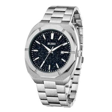 Imagem de BUREI Relógios masculinos modernos analógicos de quartzo, data, relógio de pulso à prova d'água com pulseira de aço inoxidável, Prata, Clássico, moderno, casual