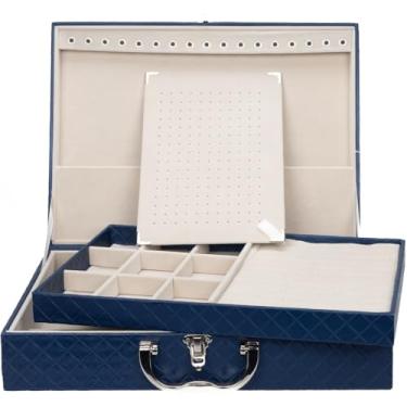 Imagem de Porta Joias Grande Em Maleta Dupla - Organizador Com VáRias Bandejas Para Bijuterias, Ideal Para Viagem - Caixa Grande Para Guardar Toda Sua ColeçãO(Azul Marinho c/Gelo)