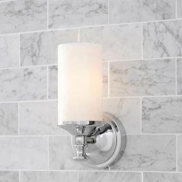 Imagem de Luminária de banheiro cromada, luminária de vaidade vintage única, arandela industrial com cúpula de vidro branco, luminária de parede de metal com fiação E27, decoração de casa, quarto, cor