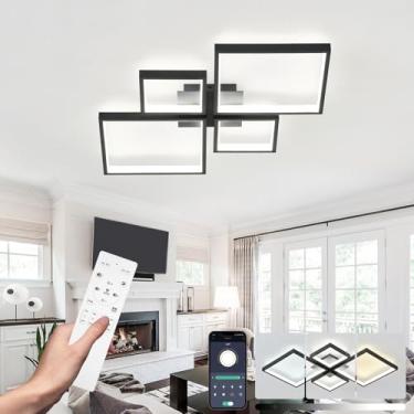 Imagem de Luminária de teto LED quadrada preta moderna com função de memória e dimerizável para sala de estar, quarto, hall e sala de estar, lustre embutido de 73 cm