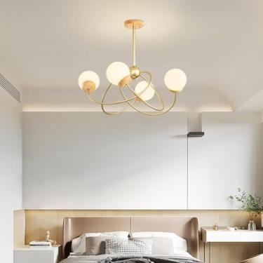 Imagem de Lustre de fazenda moderno de meados do século com 6 luzes Lustre de vidro leitoso Sputnik Luminária de teto semi-embutida Grande lustre vintage de madeira para sala de jantar Sala de estar Q