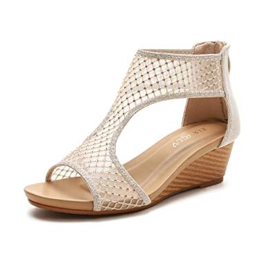 Imagem de Sandálias femininas de bico redondo aberto anabela, zíper nas costas, salto médio, sandálias elegantes de verão, 1 bege, 9