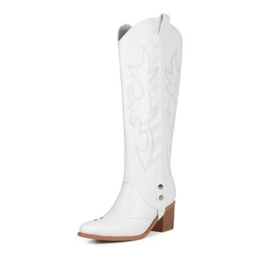 Imagem de Dipyrne Botas femininas de cano alto, bico fino, salto médio, botas caubói ocidentais para mulheres, bota de equitação de panturrilha larga, Branco, 35