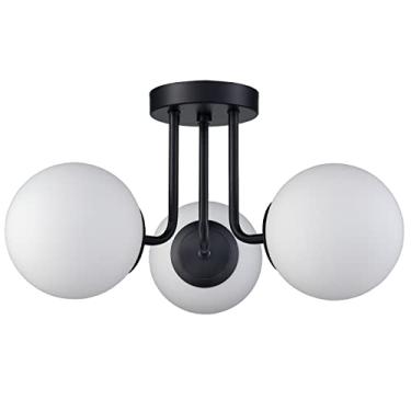 Imagem de Luminária de teto moderna escovada com globo de vidro branco, luminária semi-embutida para sala de jantar, hall de entrada, corredor, iluminação de lustre elegante