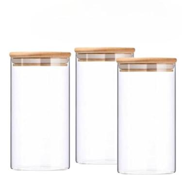 Imagem de Potes Hermeticos Bambu, Kit com 3 Ou 5 Potes Vidro com Tampa Bambu Super Vedação Hermético Conjunto Porta Mantimento, Adequado para Armazenar Grãos E Produtos Secos(Kit 3 Potes/450ml)