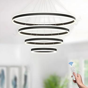 Imagem de Luminária pendente LED redonda regulável, 4 anéis, lustre preto, altura ajustável, 3000K 6000K, luminária de teto moderna, hall de entrada, sala de estar, quarto, cozinha, ilha, iluminação (