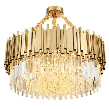 Imagem de Lustre de cristal moderno LED Pendente Luz redonda dourada Aço inoxidável Lâmpada de teto para sala de jantar Sala de estar Restaurante 75cm Classe energética A