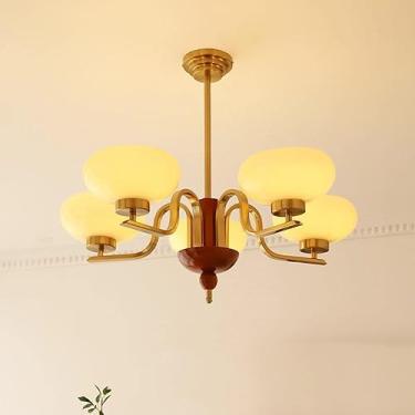 Imagem de Lustre externo moderno de meados do século, grande, branco, dourado, pendente, para sala de estar, sala de jantar, quarto, cozinha e espaço externo; luminária de teto redonda de madeira vint