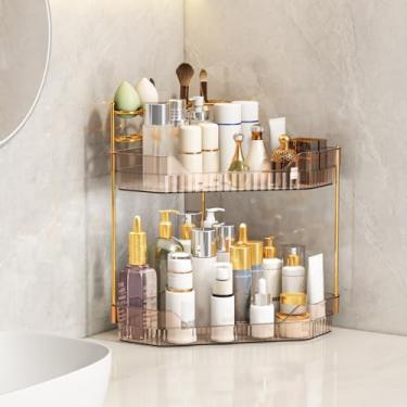Imagem de ZZWILLB Organizador de canto para banheiro com suporte de pincel de maquiagem e porta-escovas de dentes, organizador de maquiagem para bancada, prateleira de armazenamento de acrílico para cuidados