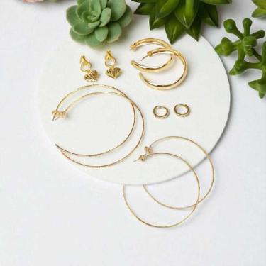 Imagem de Brincos Femininos Dourados Kit 5 Pares Folheados Modelos Variados - DJ