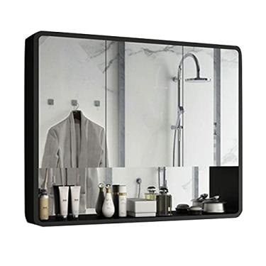 Imagem de Armário de espelho de banheiro Armário de espelho montado na parede com prateleiras Armário de espelho de armazenamento adequado para banheiro banheiro banheiro espelho de estilo simples (Cor: preto