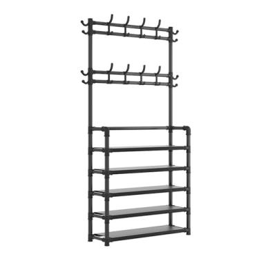 Imagem de Cabide e sapateira, suporte de metal independente organizador de entrada para hall de entrada, árvore com prateleiras de armazenamento de sapatos, 16 ganchos para corredor, sala de estar, quarto,
