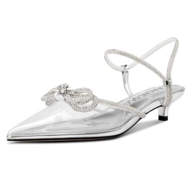 Imagem de Aachcol Sapato feminino de bico fechado com laço de strass, salto fino, salto baixo, laço ajustável, tira no tornozelo, vestido de noiva para formatura e casamento, Prata transparente, 42