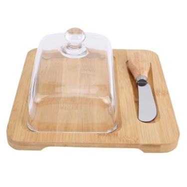 Imagem de Asixxsix Prato de Manteiga Com Tampa, Prato de Corte para Manteiga Com Tampa de Vidro Transparente e Faca, Recipiente de Manteiga para Sobremesa de Bolo de Queijo, Bandeja Porta Manteiga, (Wood Color)