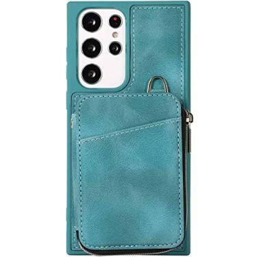 Imagem de MUENG Capa carteira para Samsung Galaxy S23/S23 Plus/S23 Ultra, capa traseira carteira de poliuretano com bolsa com zíper e corda mensageiro, capa protetora de silicone antiimpressão digital