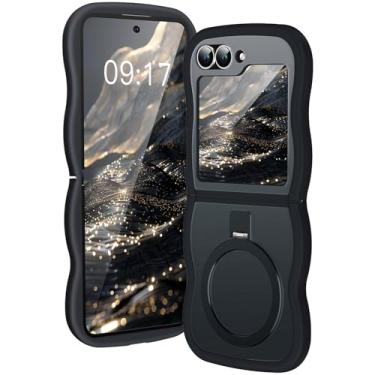 Imagem de [Suporte magnético e moldura ondulada] Capa para Samsung Galaxy Z Flip 6/5 [Apto para Mag Safe] [Proteção contra quedas militar] Capa de anel de telefone translúcida não amarelada Z Flip 6/5 para