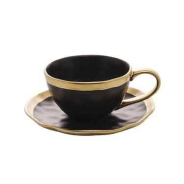 Imagem de Xícara Para Chá Com Pires Em Porcelana Dubai 200ml Wolff Preto E Doura
