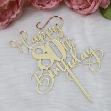 Imagem de Ruscalin Happy 80th Birthday Cake Topper，Mirrored Gold Acrylic Birthday Topper for Cheers to 80 Years Birthday/Anniversary Party Decoration Ideas, Perfect Keepsake for your family and friends(80th)