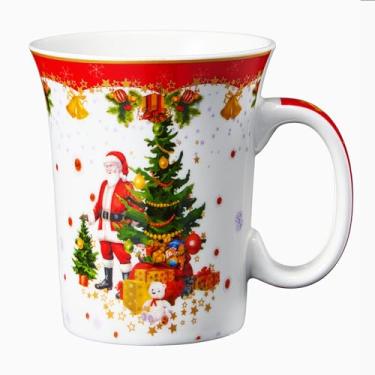 Imagem de Caneca festiva de árvore de Natal e Papai Noel - segura para micro-ondas e lava-louças - Canecas de Natal de 300 ml para café, chocolate quente, gemada - Feliz Natal - Design de elfo e Papai Noel -