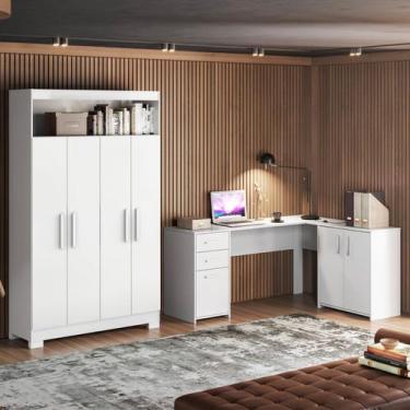 Imagem de Kit para Escritório com 1 Mesa de Canto e Armário Multiuso 4 Portas co