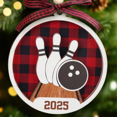 Imagem de Ornamentos de boliche para árvore de Natal - Enfeite de boliche - Ornamento de pinball - Presentes engraçados de pinball para homens, mulheres, treinadores - 2 camadas de enfeites de Natal de madeira