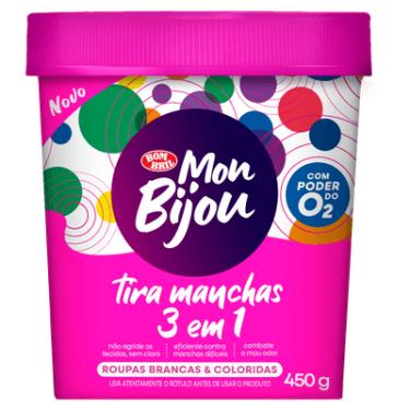 Imagem de TIRA-MANCHAS PÓ ROUPAS BRANCAS E COLORIDAS COM PODER DO O2 3 EM 1 SEM CLORO MON BIJOU POTE 450G