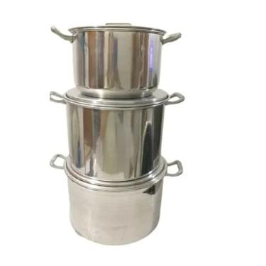 Imagem de Jogo de Panelas de Alumínio Reforçado 3 Peças Para Feijoada e Caldos – Alta Durabilidade, Brilho Intenso e Versatilidade em Fogões a Lenha, Elétrico e Industrial(Kit feijoada 03 peças)