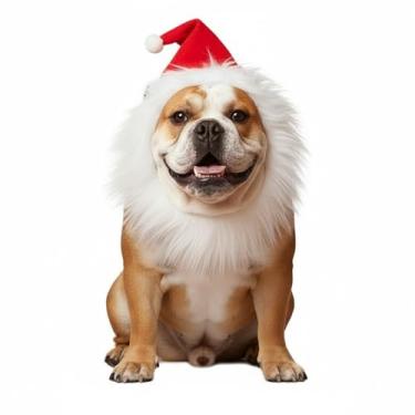 Imagem de ADOGGYGO Fantasia de Papai Noel para cachorro de Natal, chapéu de Papai Noel vermelho ajustável com peruca de barba branca, fantasias de Natal para cães pequenos, médios e grandes (branco, médio)