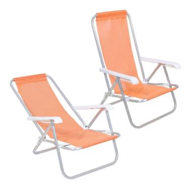 Imagem de Kit 2 Cadeiras de Praia Reclinável 4 Posições Alumínio Lazy Sannet Laranja - 023011 Belfix