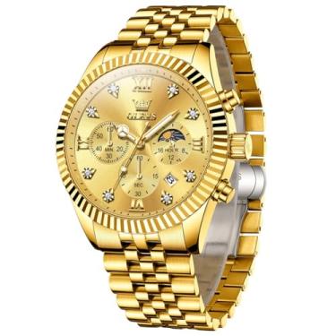 Imagem de OLEVS Relógios masculinos clássicos, de aço inoxidável, com mostrador grande, casual, de quartzo, analógico, à prova d'água, de quartzo, moderno, fácil de ler, mostrador masculino, azul/preto/dourado