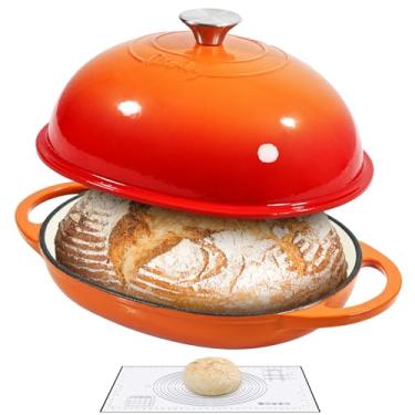 Imagem de Davivy Forno oval para pão de 6 litros com tampa abobadada, forno holandês esmaltado para assar pão de fermento, 6 qt, forma oval de fermento de ferro fundido com tampa - laranja chama