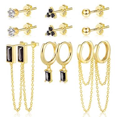 Imagem de Conjunto de 6 pares de brincos para vários piercings | Brincos de prata esterlina banhados a ouro 14 K brincos de pressão com corrente pendente pequeno conjunto de brincos de argola para mulheres, Latão, Zircônia