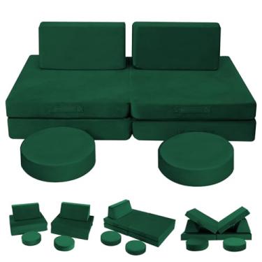 Imagem de MeMoreCool Sofá infantil modular de 8 peças – Sofá infantil de espuma conversível verde para sala de jogos, conjunto dobrável de sofá de bebê