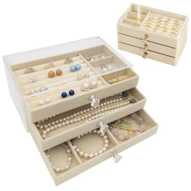 Imagem de Porta Joia Bege Caixa Acrílico Compartimento 3 Camadas Gavetas Luxo Anél Brinco Pulseiras (Bege)