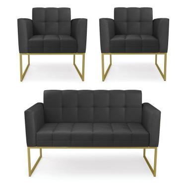 Imagem de Kit 1 Sofá Namoradeira E 2 Poltronas Elisa Corino Preto Base Metálica Industrial Dourado - D'rossi