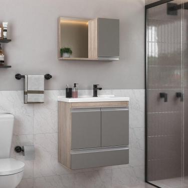 Imagem de Conjunto Gabinete Banheiro Fox 60cm (gabinete + Cuba + Espelheira) Madeirado Cinza